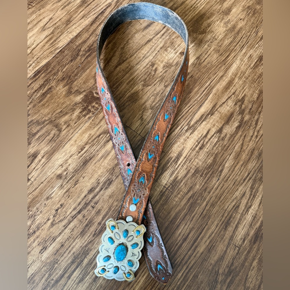 Vintage Turquoise Stone Western Leather Belt with Ornate Buckle